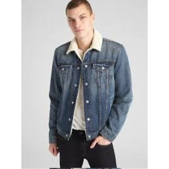 Gap Men’s Sherpa-Lined Icon Denim Jacket Size Large Medium Wash Blue Classic - Picture 1 of 8